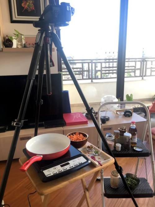 recipe video setup in teh living room of a food blogger